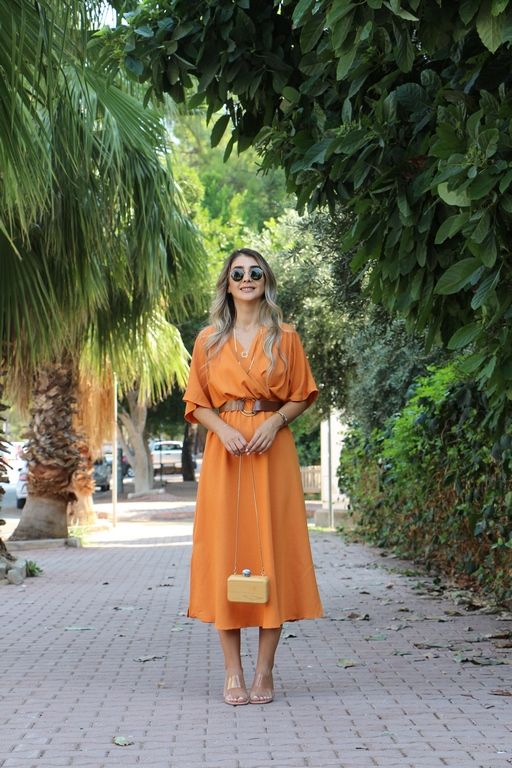 Orange Kruvaze Kemerli Elbise