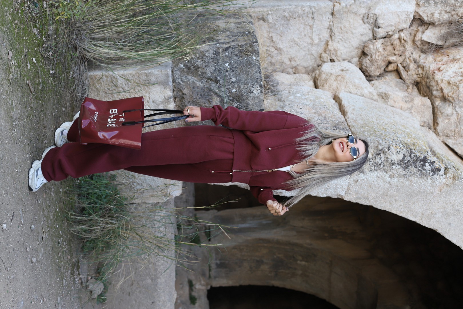 Bordo Kapüşonlu Triko Takım