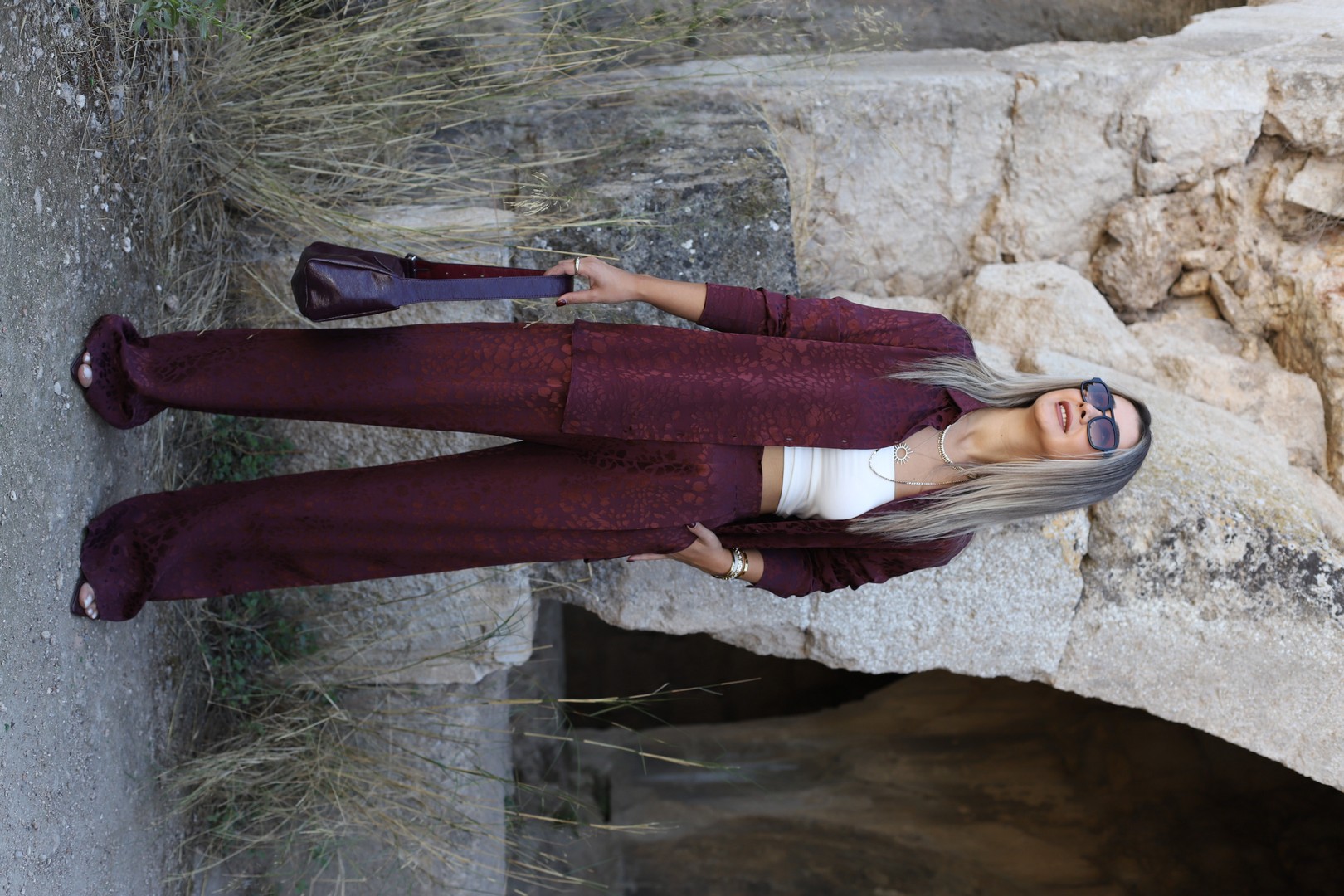 Bordo Saten Leopar Desen Gömlekli Pantolon Takım