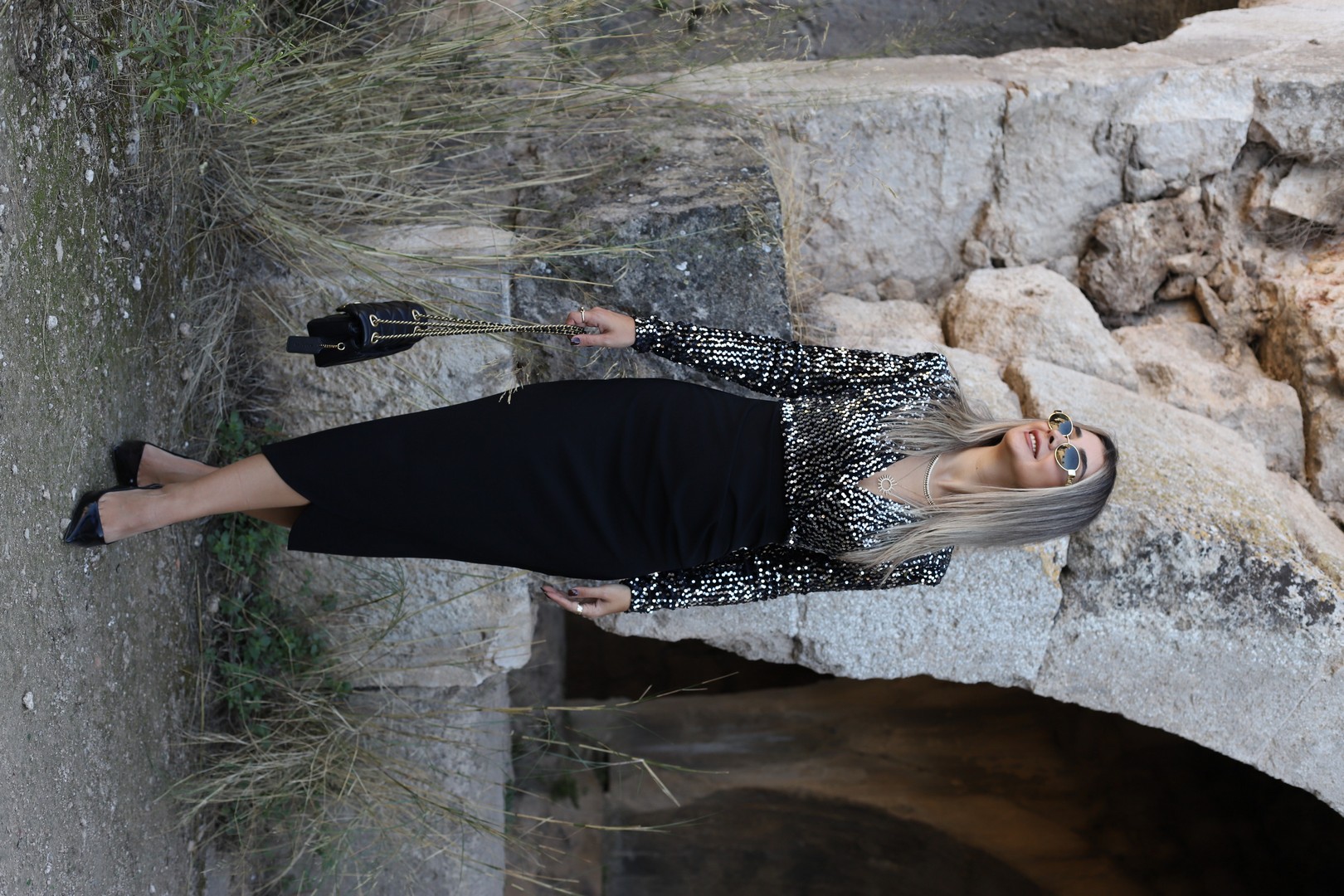 Gümüş Payetli Kruvaze Elbise