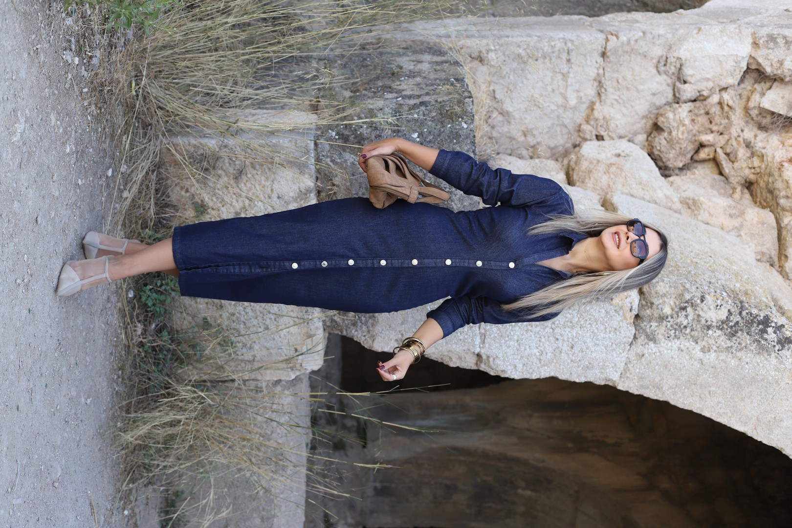 Lacivert Uzun Kol Düğme Detay Denim Elbise