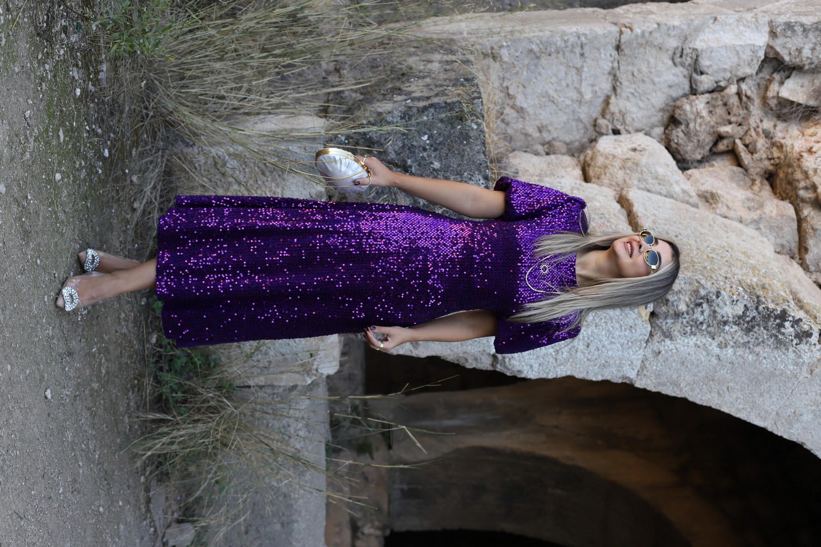 Mor Balon Kol Pulpayet Elbise