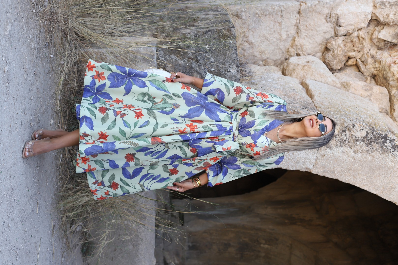 Olive Floral Desen Kruvaze Bağlamalı Elbise