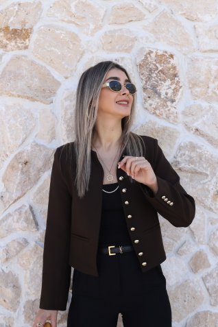 Acı Kahve Bisiklet Yaka Gold Düğmeli Kısa Ceket