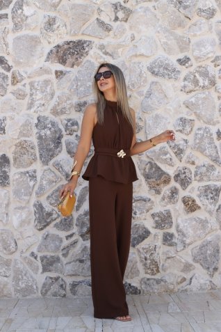 Acı Kahve Broşlu Halter Yaka Tulum