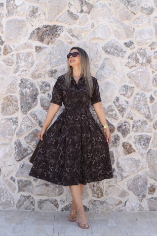 Acı Kahve Çiçek İşlemeli Gömlek Elbise