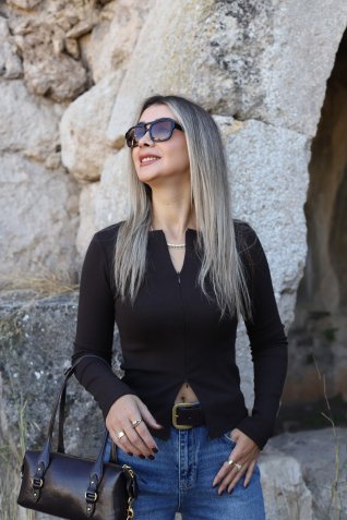 Acı Kahve Fermuar Detay Bluz