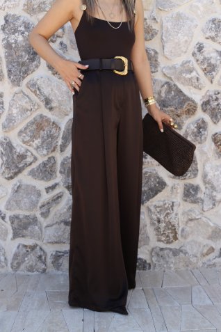 Acı Kahve Gold Kemerli Saten Pantolon