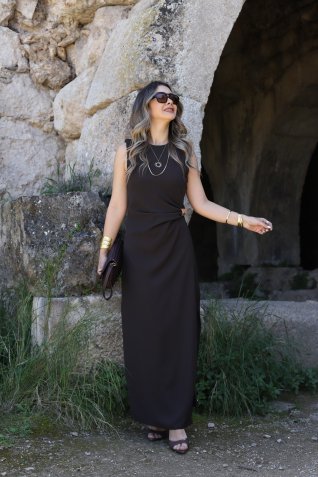 Acı Kahve Gold Tokalı Yan Yırtmaç Detay Elbise