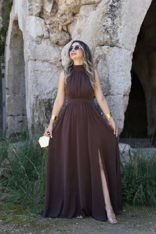 Acı Kahve Halter Yaka Elbise
