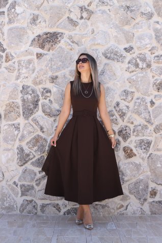 Acı Kahve Halter Yaka Kemerli Kloş Elbise
