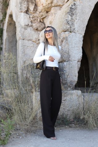 Acı Kahve Pile Detaylı Düğmeli Palazzo