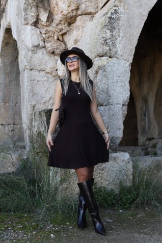 Acı Kahve Sıfır Kol Basic Elbise