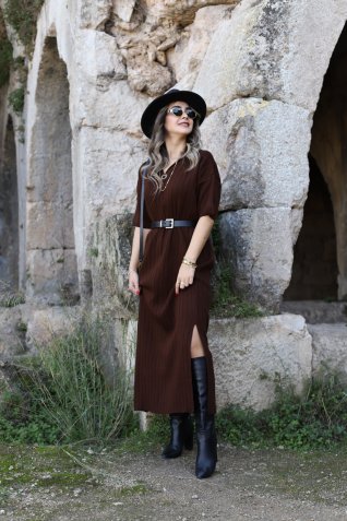 Acı Kahve Standart Beden Polo Yaka Elbise