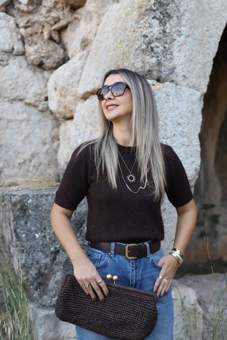 Acı Kahve Standart Beden Pullu Simli Triko Kazak