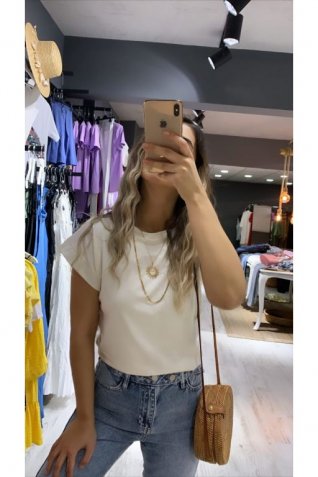 Açık Bej Bisiklet Yaka Kol Detay Tshirt
