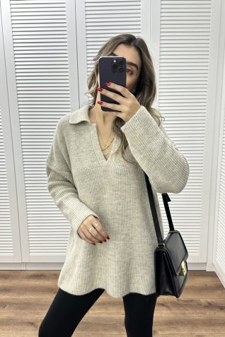 Açık Bej Patlı Polo Yaka Kazak