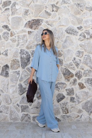 Açık Mavi Kısa Kollu Gömlekli Denim Takım