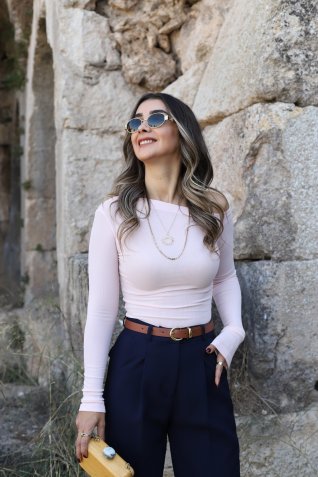Açık Pembe Asimetrik Yaka Uzun Kollu Top