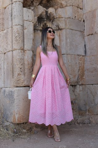 Açık Pembe Askılı Pileli Fisto Midi Elbise