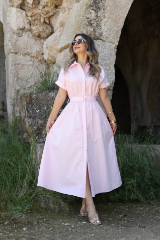 Açık Pembe Poplin Kumaş Kuşaklı Gömlek Elbise