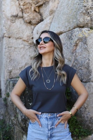 Antrasit Bisiklet Yaka Kol Detay Tshirt