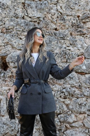 Antrasit Kendinden Kemerli Blazer