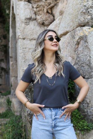 Antrasit V Yaka Basic Tshirt