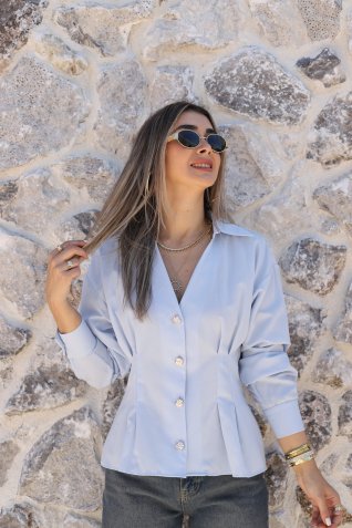 Bebe Mavi Gold Düğmeli Pilili Gömlek