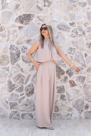 Bej Boyundan Büzgülü Bluz Pantolon Takım