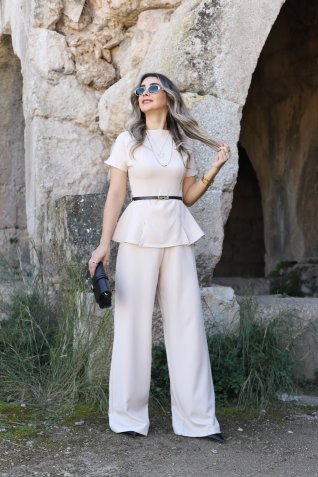 Bej İnce Kemerli Kısa Kol Tulum