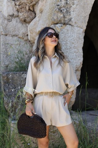 Bej Kemer Detay Keten Gömlekli Şort Takım