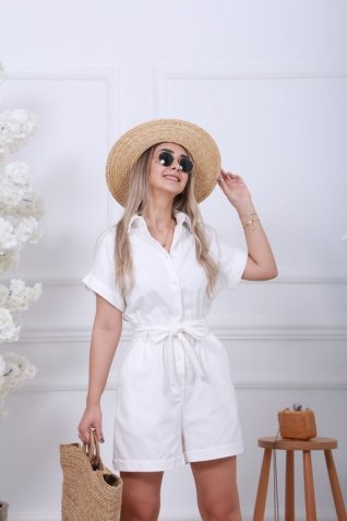 Beyaz Kemerli Şort Tulum