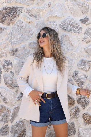 Bej Keten Çizgili Astarlı Blazer