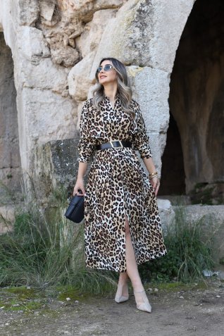 Bej Leopar Desenli Kemerli Elbise