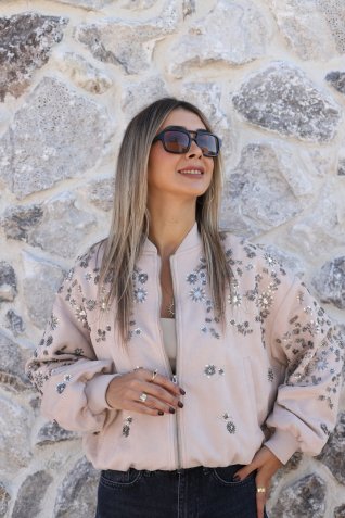 Bej Nubuk Premium Taş İşlemeli Ceket