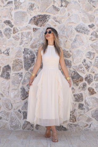Bej Önü Büzgülü Fırfırlı Şifon Elbise