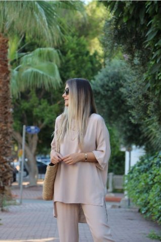 Bej Paçası Lastikli Pantolon/Bluz Takım