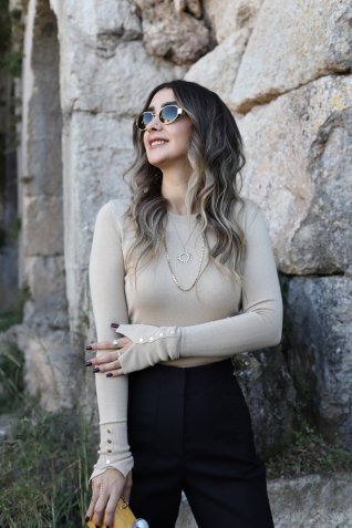 Bej Standart Beden Kolu Droplu Kazak