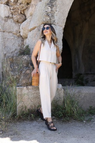 Bej Yelekli Keten Havuç Takım