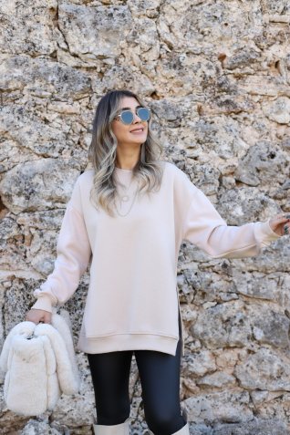 Bej Yırtmaçlı Şardonlu Standart Beden Sweat