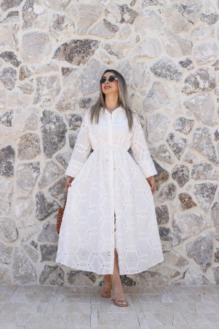 Beyaz Bel Çevresi Bağcıklı Brode Elbise