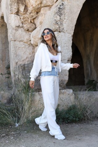 Beyaz Bel Kot Detay Eşofman Takımı