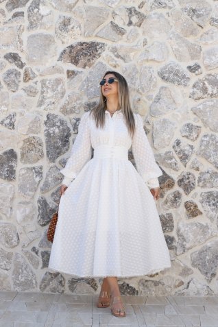 Beyaz Beli Korsajlı Fisto Elbise