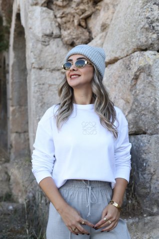 Beyaz Boncuk Nakış Uzun Kollu Tshirt
