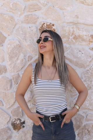 Beyaz Çizgili Kalın Askılı Atlet