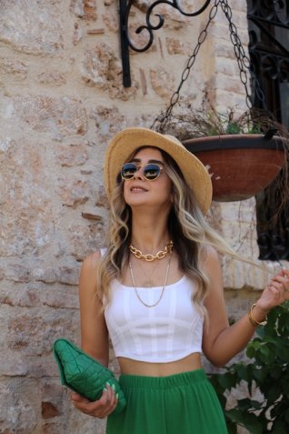 Beyaz Fermuar Detay Korse Crop