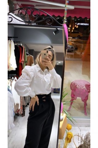 Beyaz Karpuz Kol Dantel Detay Vintage Gömlek