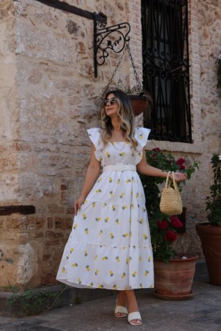 Beyaz Kemerli Ananas Detay Elbise