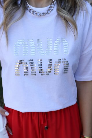 Beyaz Kırık Taşlı Standart Beden Tshirt